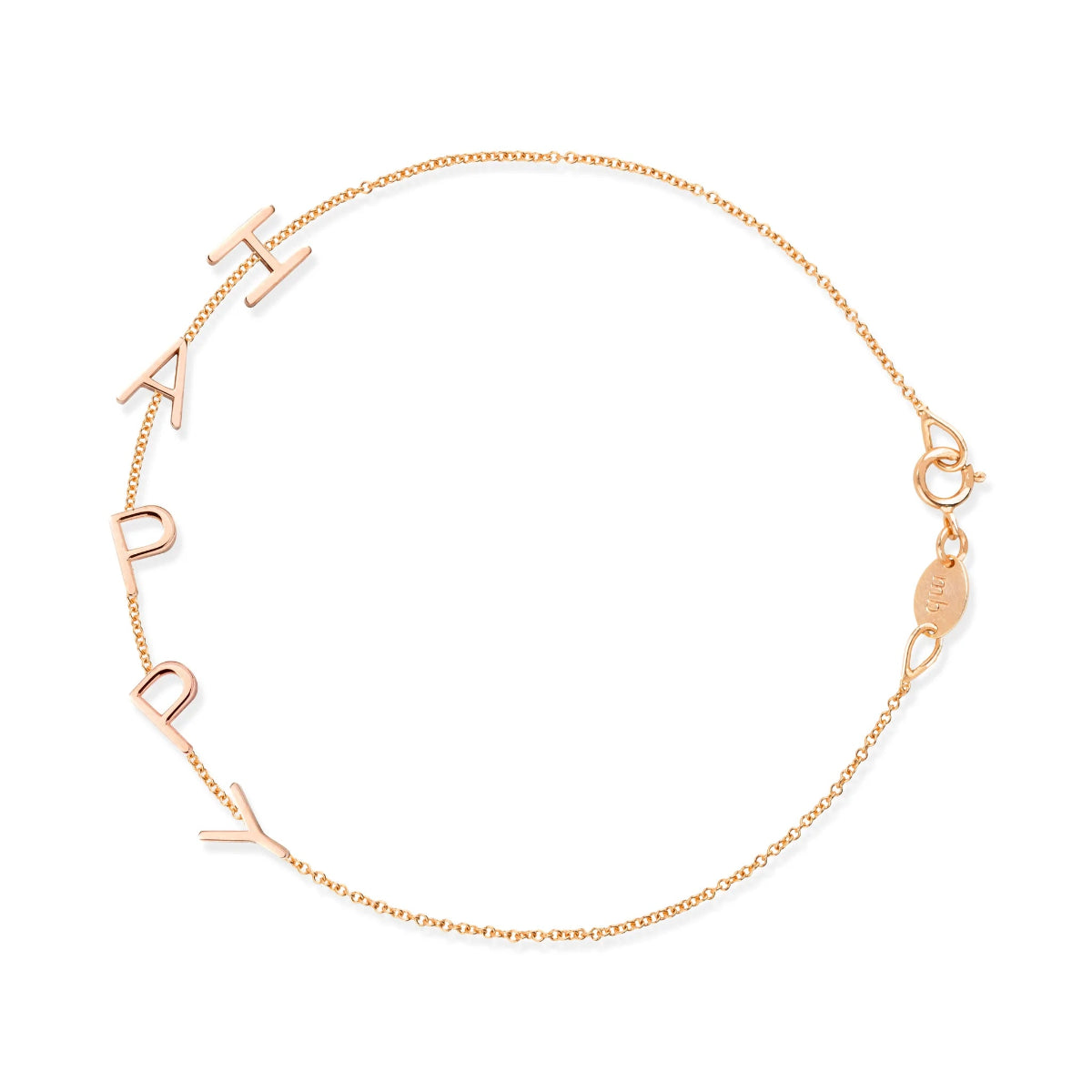 A rose gold Custom Gold Bracelet - 5 Letters with the letters H, A, P, P and Y on a white background. 
