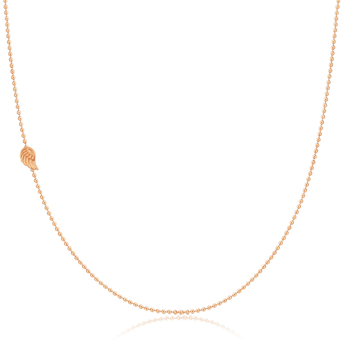 A rose gold 14k Gold Asymmetrical Charm Necklace - Angel Wing with a bead chain on a white background. 