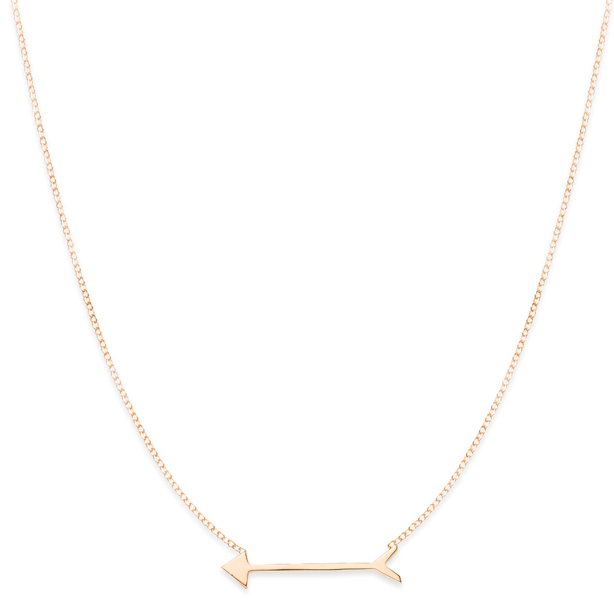 A Straight as an Arrow Necklace in rose gold on a white background. 