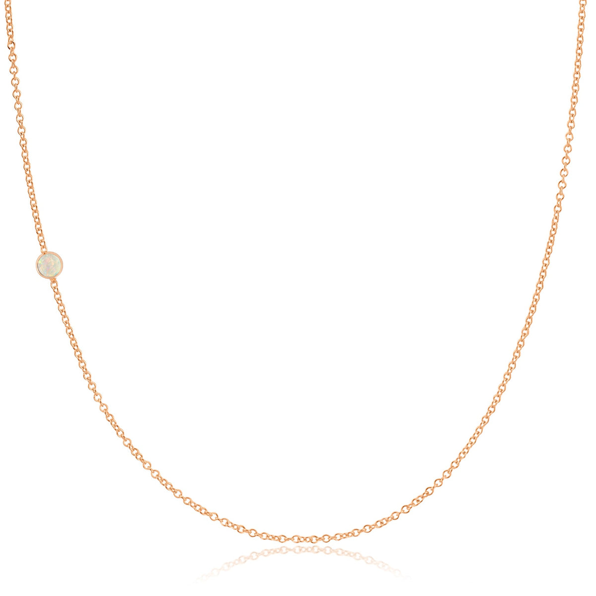 A rose gold 14K Gold Asymmetrical Birthstone Necklace - Opal (October) on a white background. 