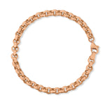 A Rolo Bracelet in rose gold on a white background. 
