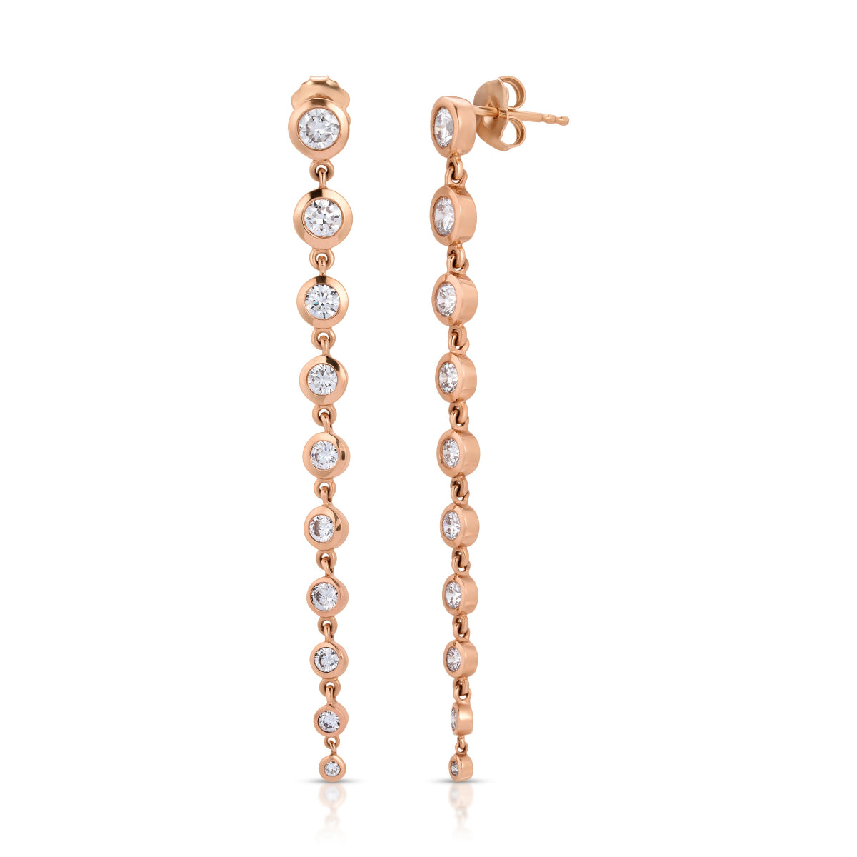 Rose gold Diamond Cascade Earrings on a white background. 