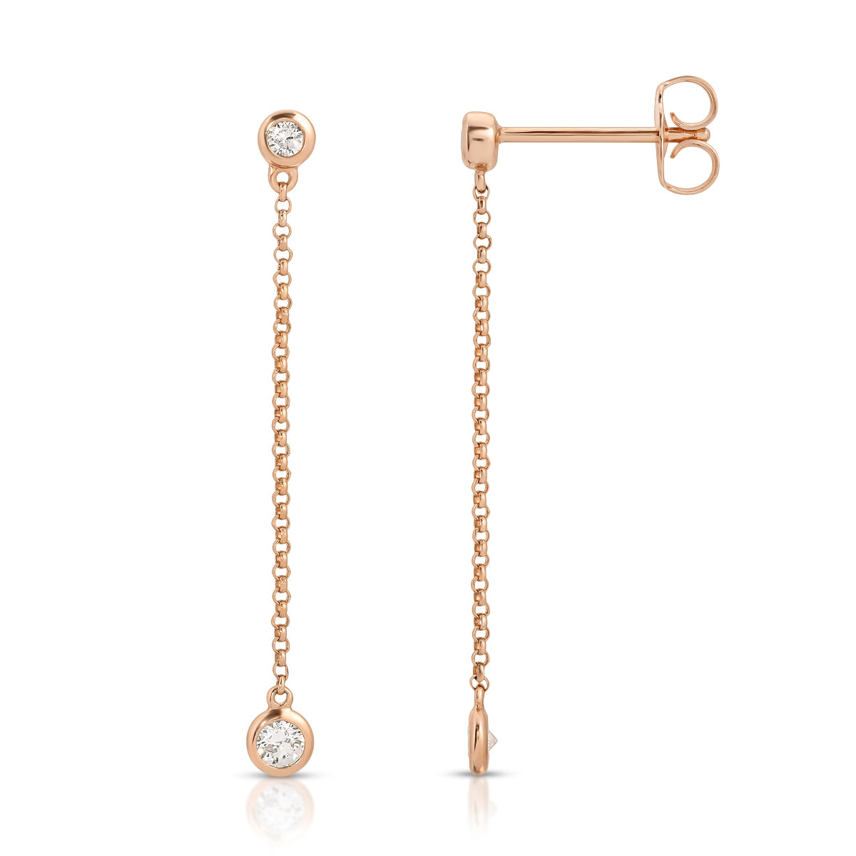 Droplet Diamond Earrings in rose gold on a white background. 