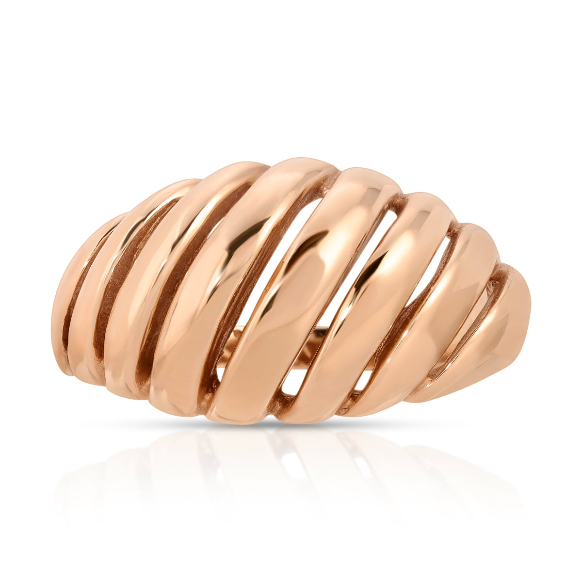 An Etched Paris Ring in rose gold on a white background. 