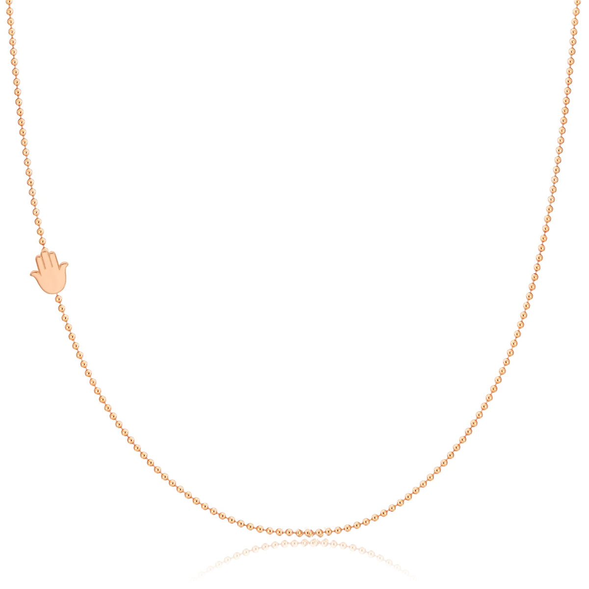 A rose gold 14k Gold Asymmetrical Charm Necklace - Hamsa with a bead chain on a white background. 