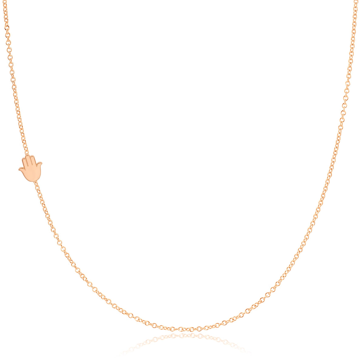 A rose gold 14k Gold Asymmetrical Charm Necklace - Hamsa with a cable chain on a white background. 