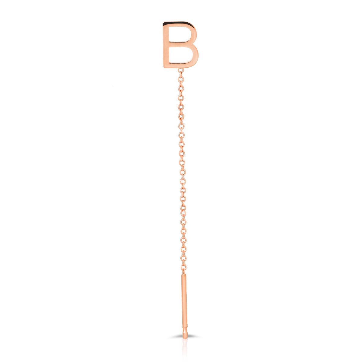 A rose gold threader earring with a letter B stud on a white background.