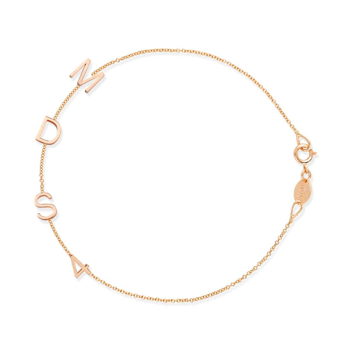 A rose gold Custom Gold Bracelet – 4 Letters with the letters M, D and S and the number 4 on a white background.