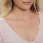 Close-up of a woman's neck wearing a rose gold necklace with a letter O charm. 