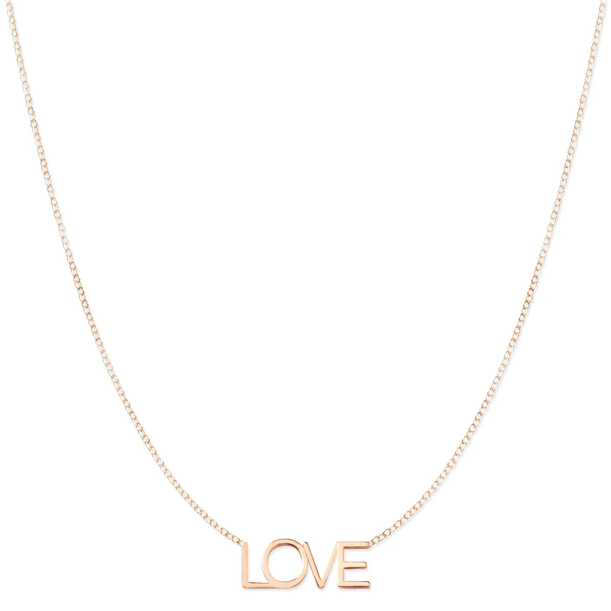 A LOVE Necklace in rose gold on a cable chain on a white background. 