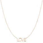 A LOVE Necklace in rose gold on a cable chain on a white background. 