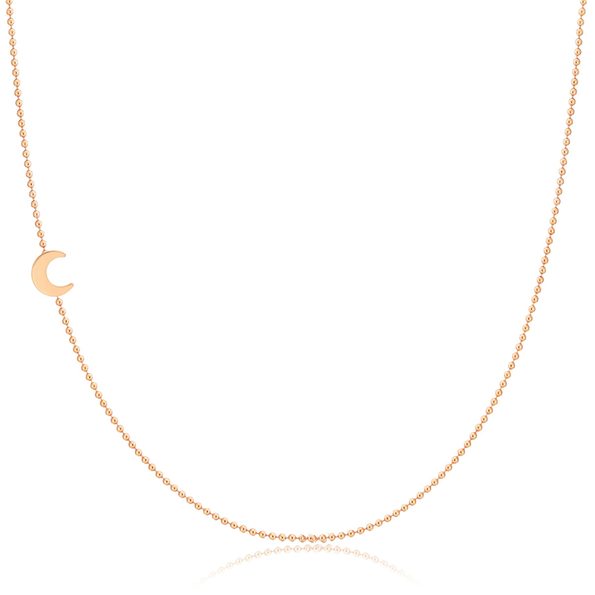 A rose gold 14k Gold Asymmetrical Charm Necklace - Moon with a bead chain on a white background. 