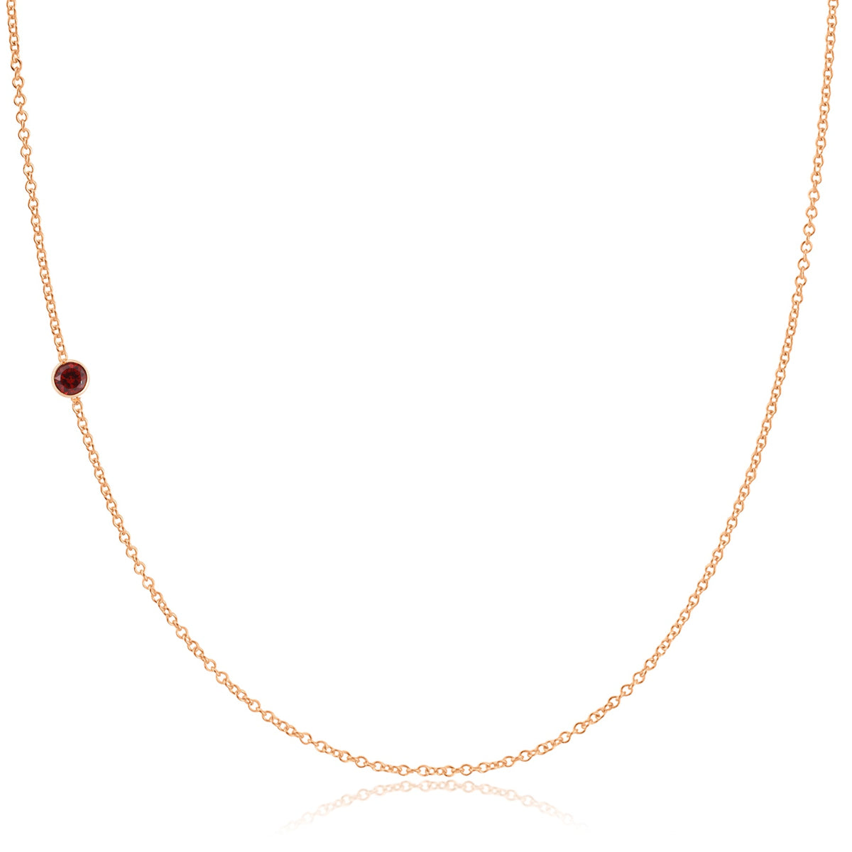 A rose gold 14K Gold Asymmetrical Birthstone Necklace - Garnet (January) on a white background. 