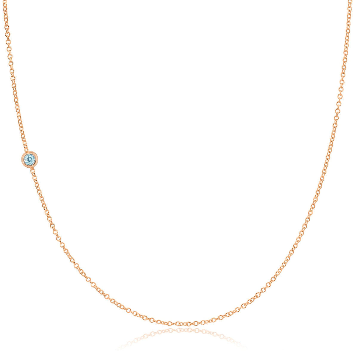 A rose gold 14K Gold Asymmetrical Birthstone Necklace - Aquamarine (March) on a white background. 
