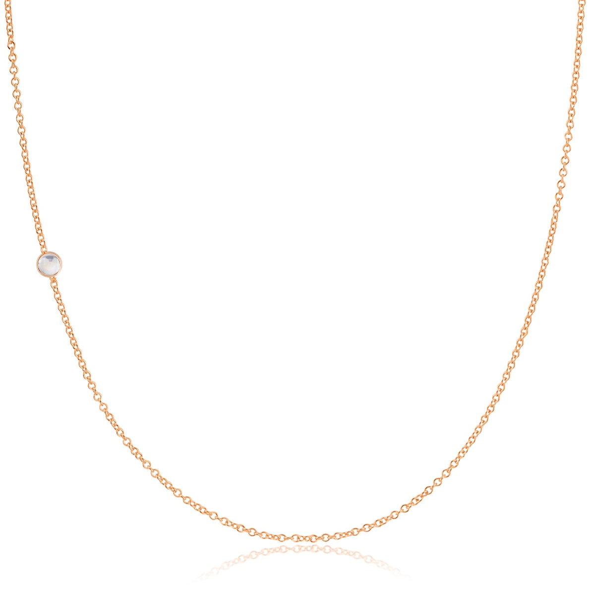A rose gold 14K Gold Asymmetrical Birthstone Necklace - Moonstone (June) on a white background. 