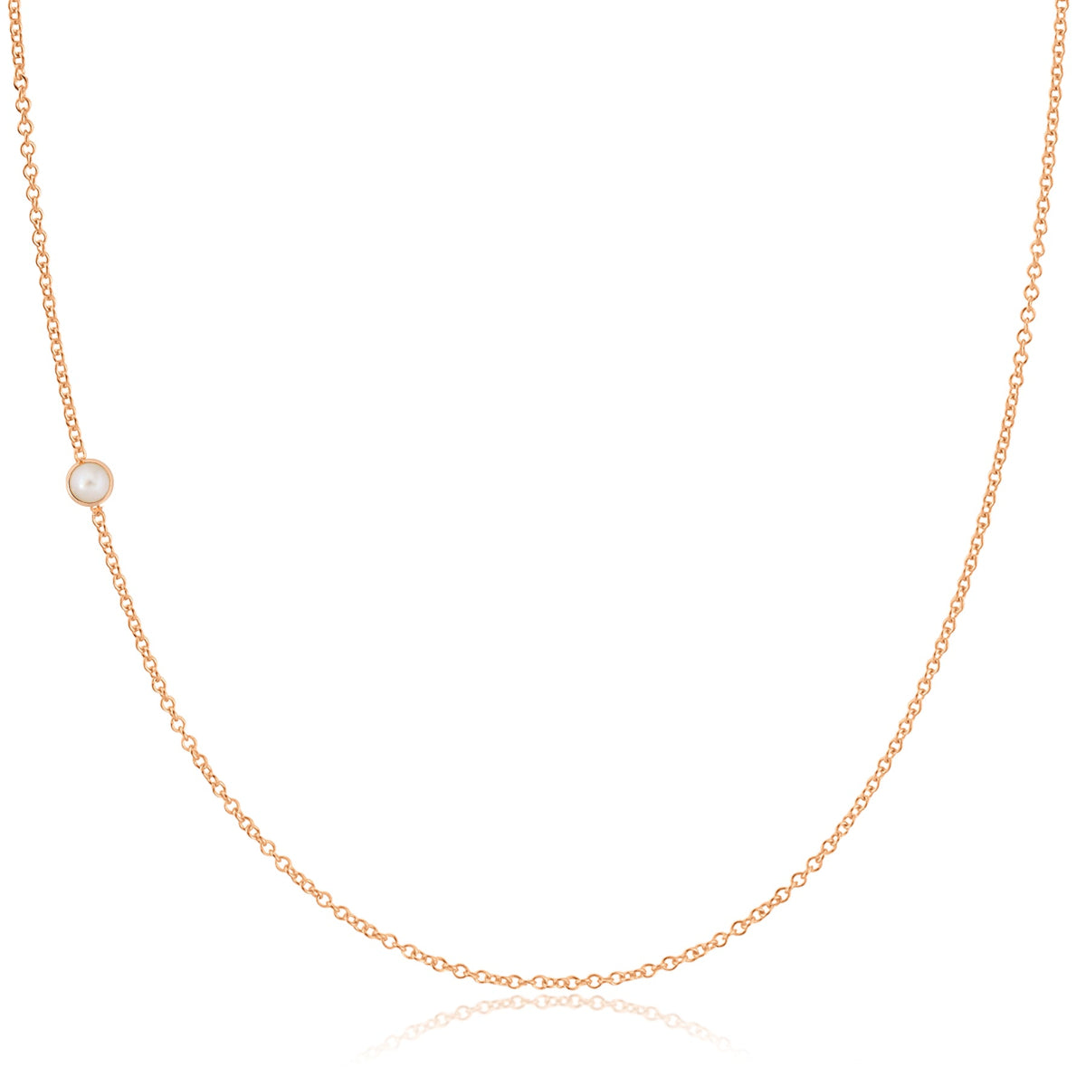 A rose gold 14K Gold Asymmetrical Birthstone Necklace - Pearl (June) on a white background. 