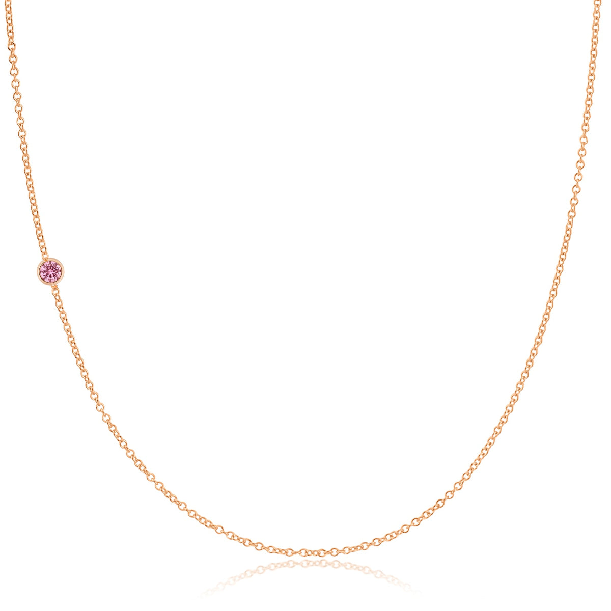 A rose gold 14K Gold Asymmetrical Birthstone Necklace - Pink Tourmaline (October) on a white background. 