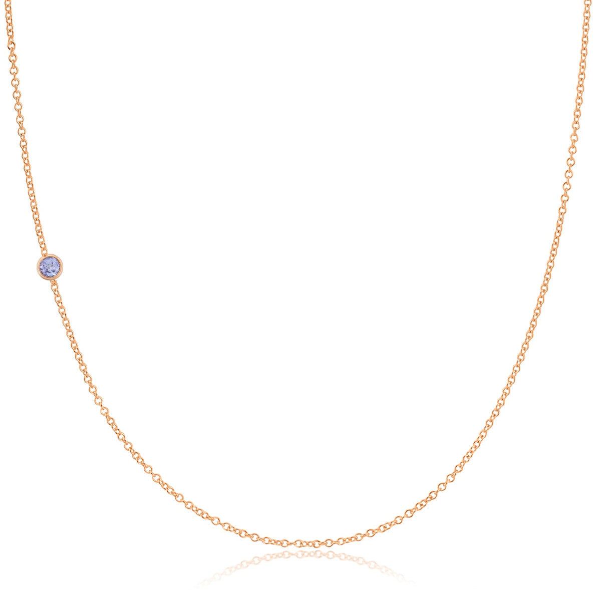 A rose gold 14K Gold Asymmetrical Birthstone Necklace - Tanzanite (December) on a white background. 