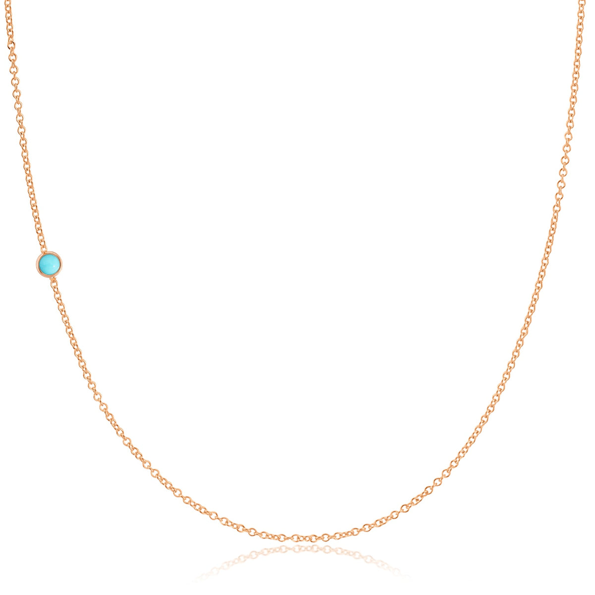 A rose gold 14K Gold Asymmetrical Birthstone Necklace - Turquoise (December) on a white background. 