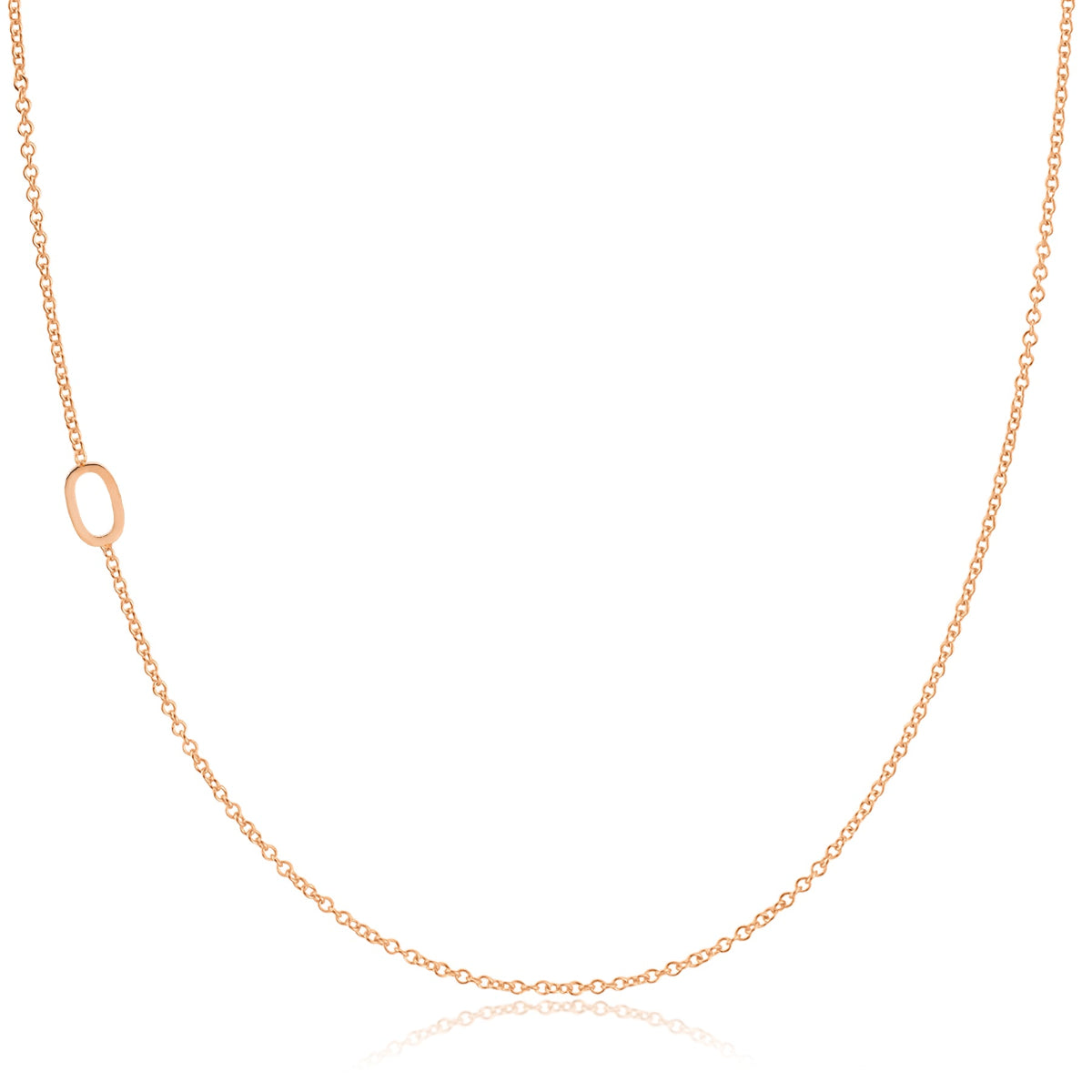A 14k Gold Asymmetrical Number Necklace - 0 in rose gold on a white background. 
