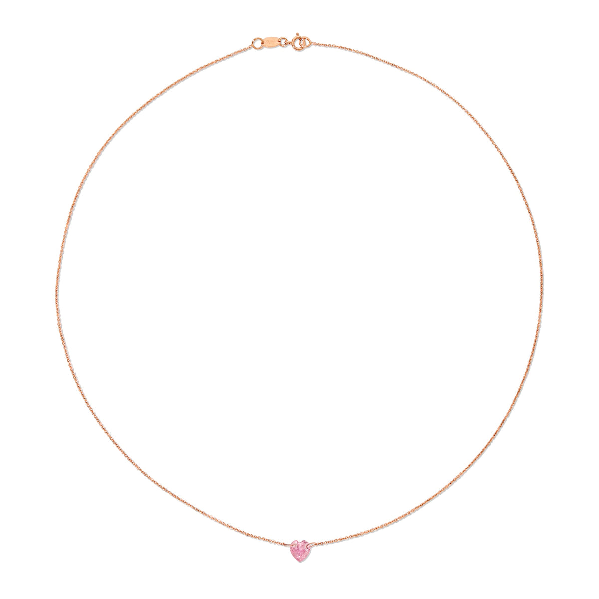 The Sweetheart Necklace - Pink Sapphire in rose gold on a white background. 