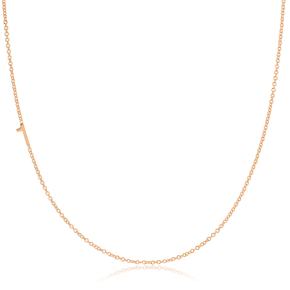 A rose gold 14k Gold Asymmetrical Number Necklace - 1 with a cable chain on a white background. 