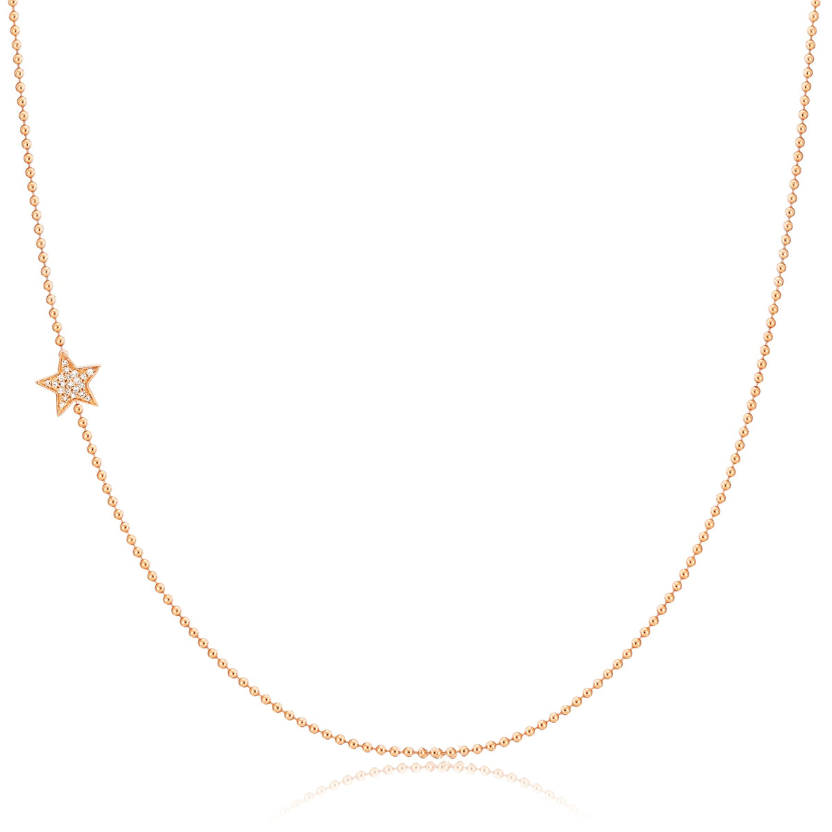 A rose gold 14k Gold Asymmetrical Charm Necklace - Pavé Star with a bead chain on a white background. 