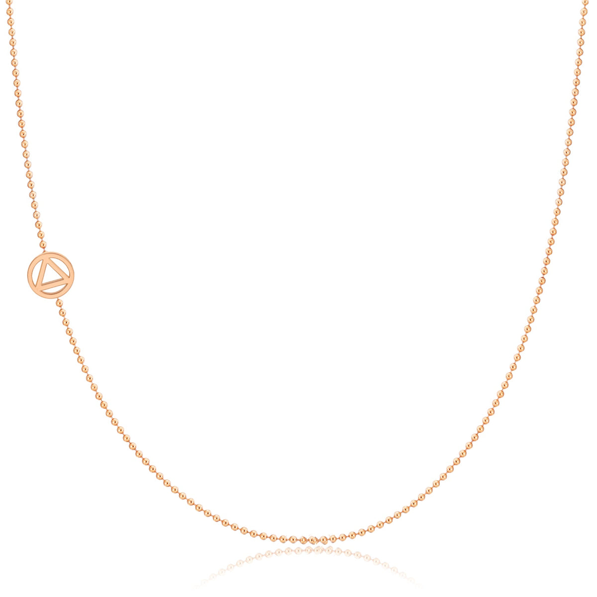 A rose gold 14k Gold Asymmetrical Charm Necklace - Recovery with a bead chain on a white background. 