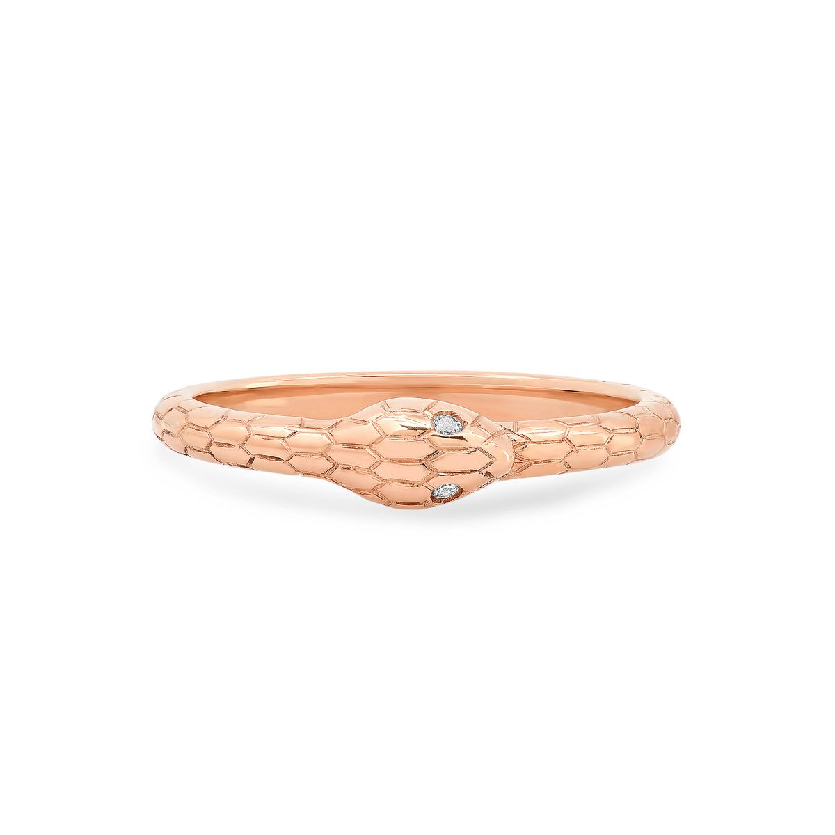 A Snake Ring in rose gold on a white background. 