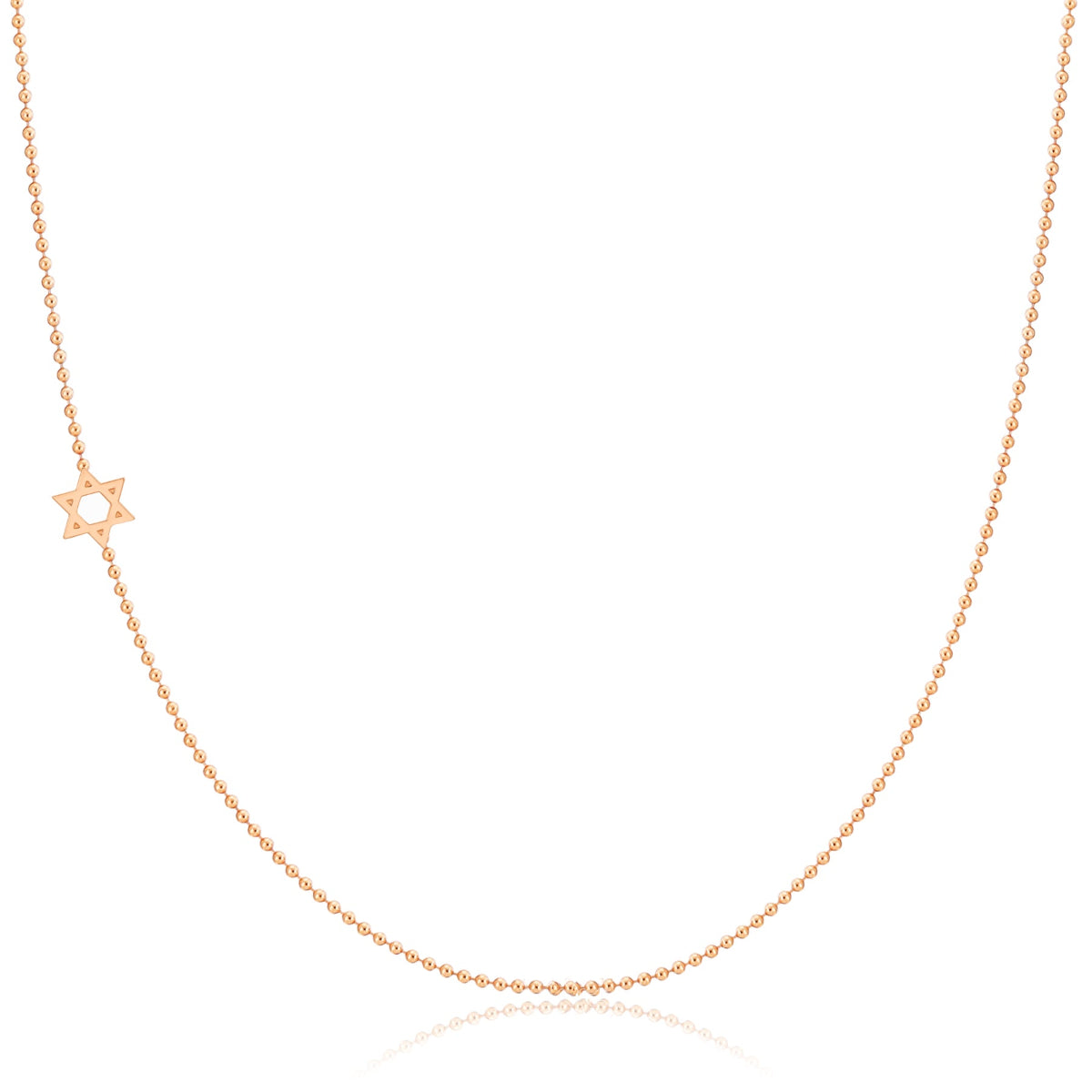 A rose gold 14k Gold Asymmetrical Charm Necklace - Star of David with bead chain on a white background. 
