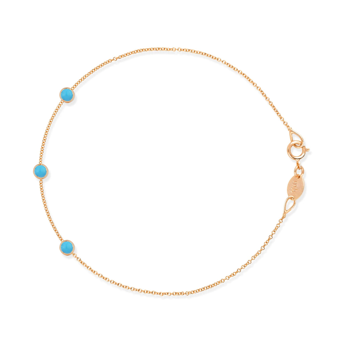 A rose gold Custom Gold Bracelet - 3 Letters with turquoise birthstones on a white background. 