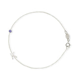 A white gold Custom Gold Bracelet - 2 Letters (a letter K charm and tanzanite birthstone) on a white background. 