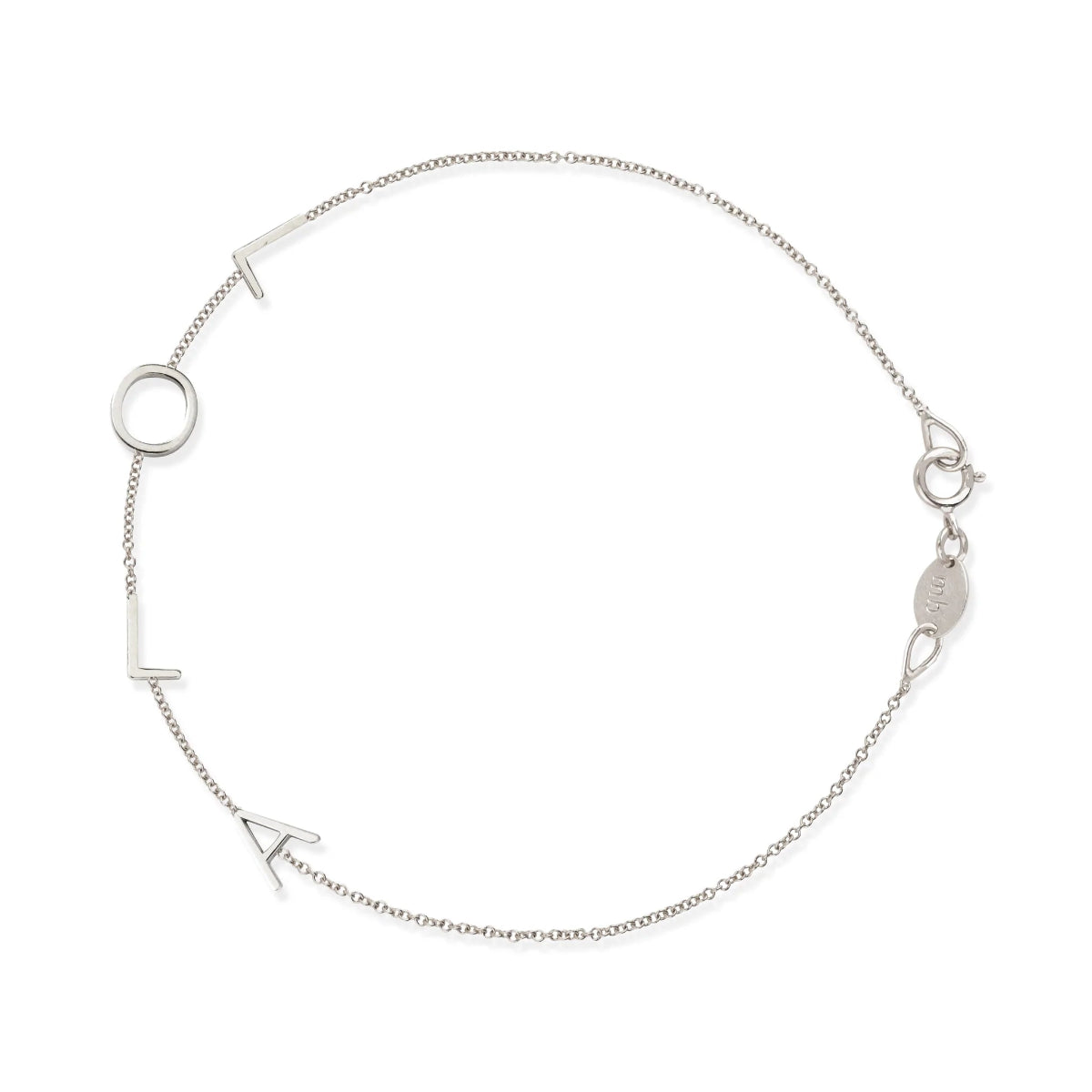 A white gold Custom Gold Bracelet – 4 Letters with the letters L, O, L, A on a white background.