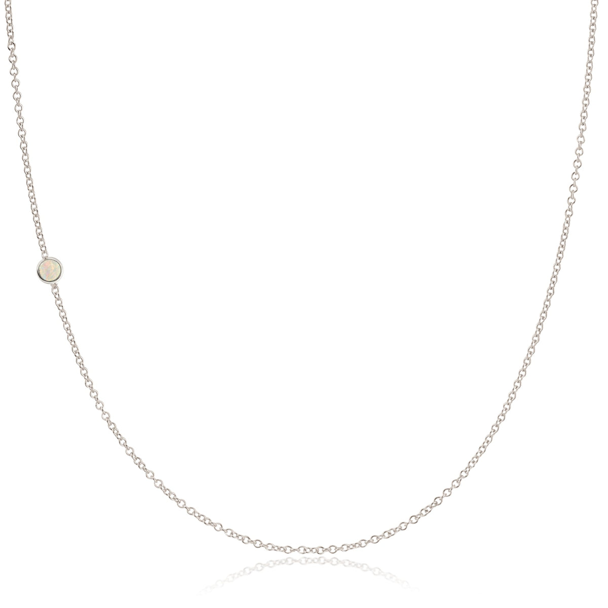 A white gold 14K Gold Asymmetrical Birthstone Necklace - Opal (October) on a white background. 