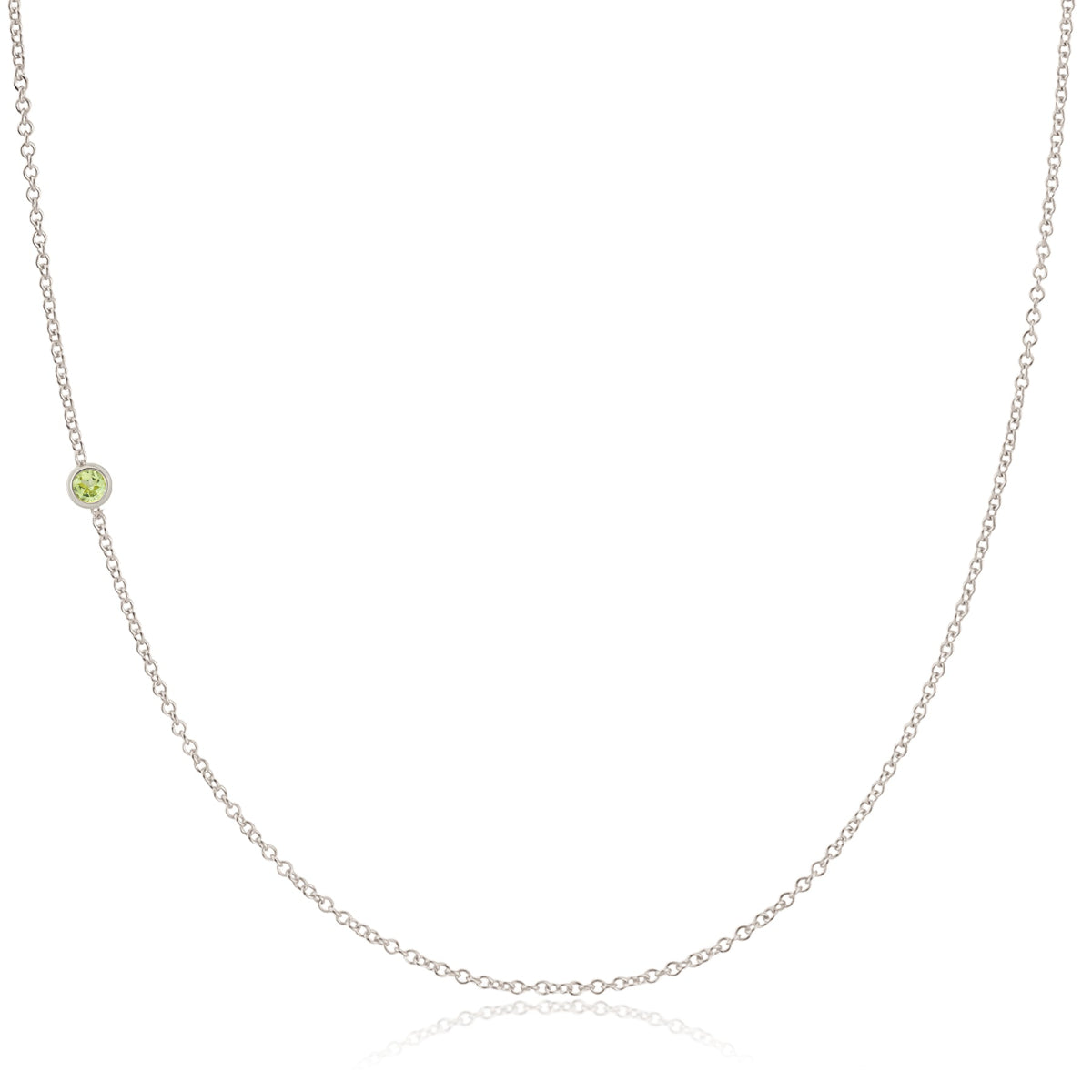 A white gold 14K Gold Asymmetrical Birthstone Necklace - Peridot (August) on a white background. 
