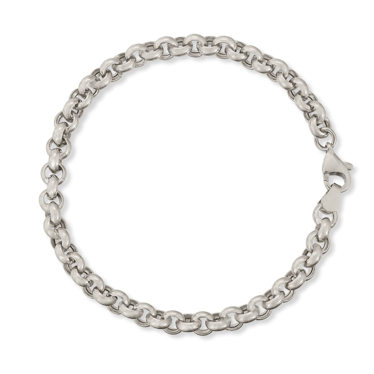 A Rolo Bracelet in white gold on a white background. 