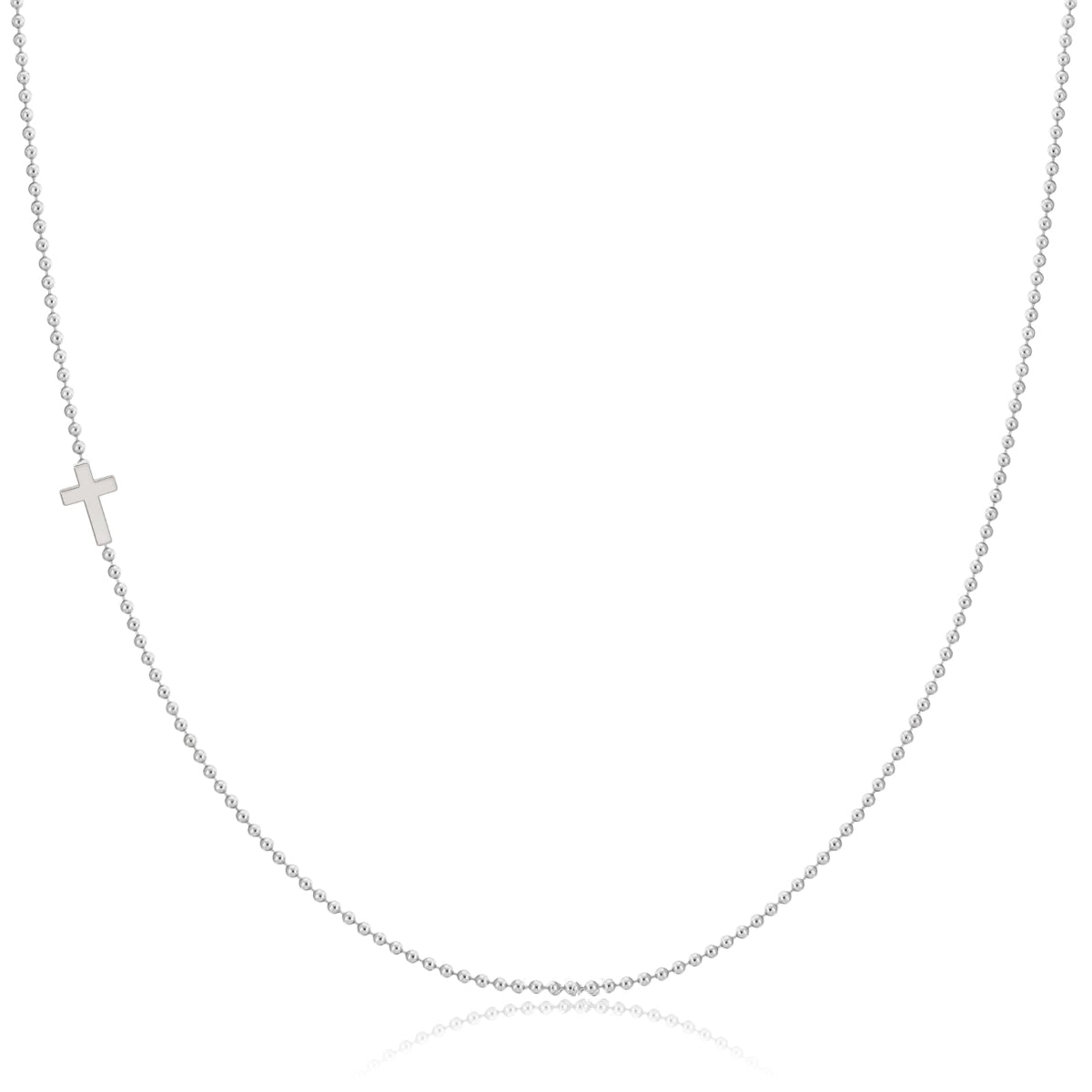 A white gold 14k Gold Asymmetrical Charm Necklace - Cross with a bead chain on a white background. 