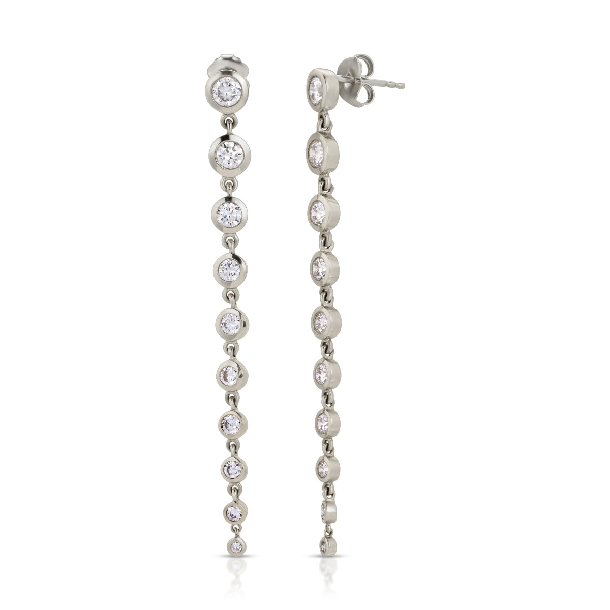 White gold Diamond Cascade Earrings on a white background. 