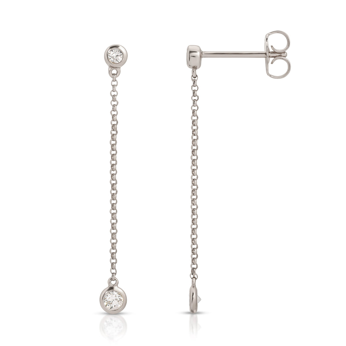 Droplet Diamond Earrings in white gold on a white background. 