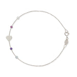 A white gold Custom Gold Bracelet - 5 letters, with four birthstones and a heart charm on a white background. 