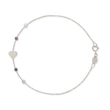 A white gold Custom Gold Bracelet - 5 letters, with four birthstones and a heart charm on a white background. 