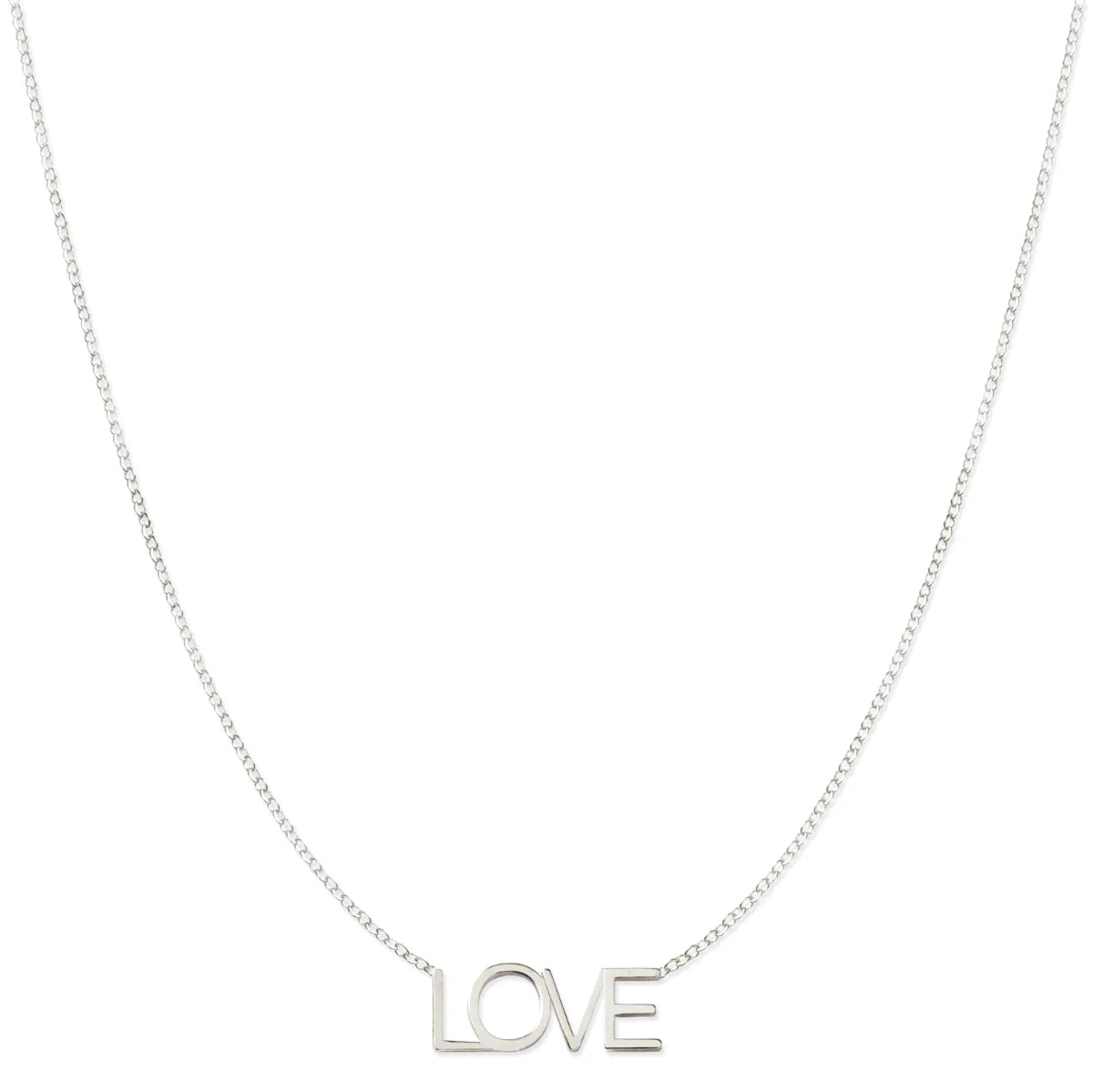A LOVE Necklace in white gold on a cable chain on a white background. 