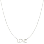 A LOVE Necklace in white gold on a cable chain on a white background. 
