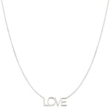 A LOVE Necklace in white gold on a cable chain on a white background. 