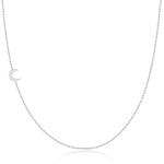 A white gold 14k Gold Asymmetrical Charm Necklace - Moon with a bead chain on a white background. 