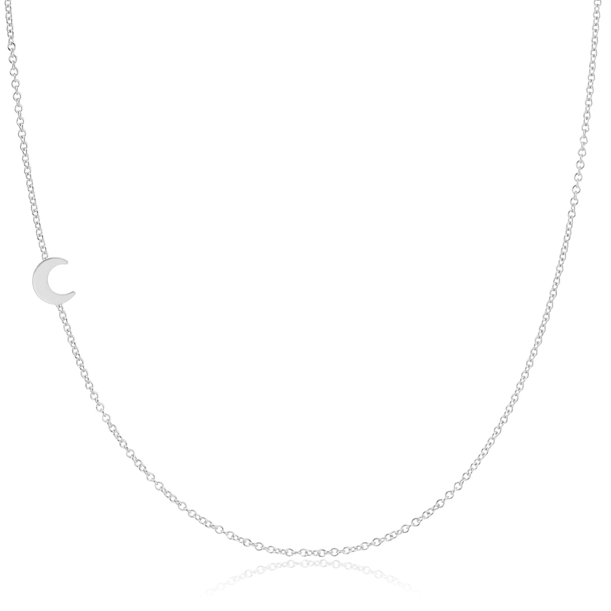 A white gold 14k Gold Asymmetrical Charm Necklace - Moon with a cable chain on a white background. 
