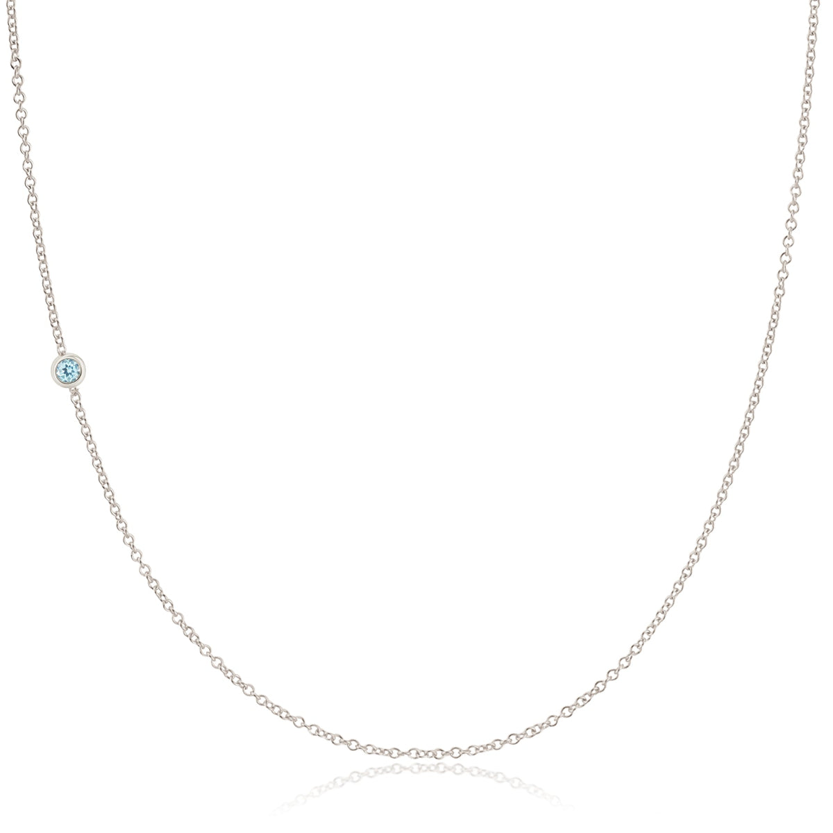 A 14K Gold Asymmetrical Birthstone Necklace - Aquamarine (March) in white gold on a white background. 