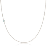 A 14K Gold Asymmetrical Birthstone Necklace - Aquamarine (March) in white gold on a white background. 