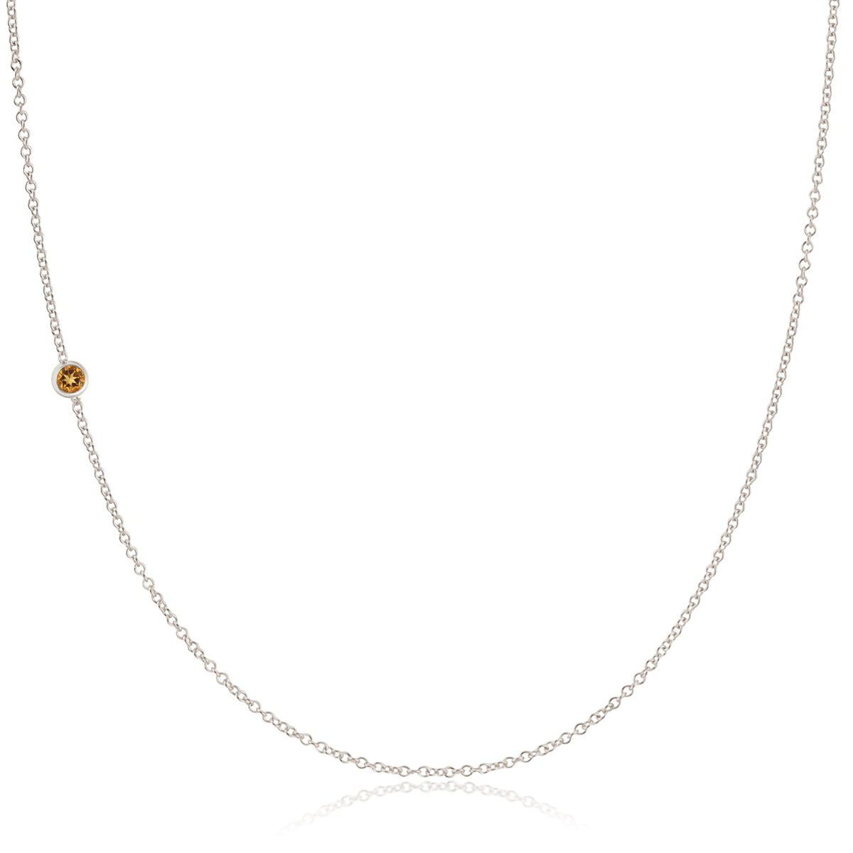 A white gold 14K Gold Asymmetrical Birthstone Necklace - Citrine (November) on a white background. 
