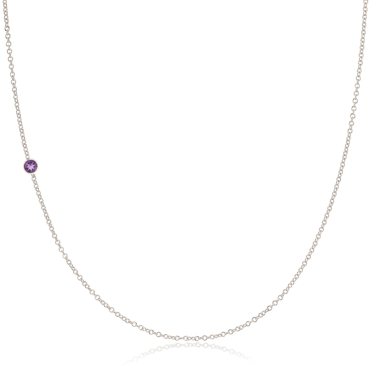 A white gold 14K Gold Asymmetrical Birthstone Necklace - Amethyst (February) on a white background. 
